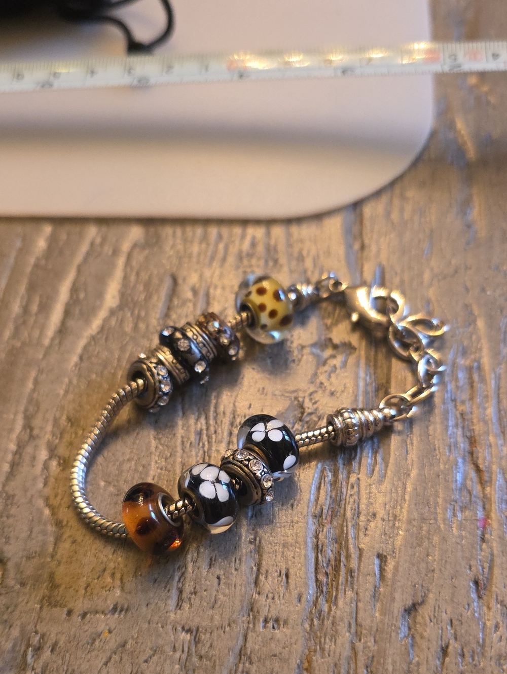 Pandora Style Silver Charm Bracelet with Black, Brown and Yellow Glass Beads